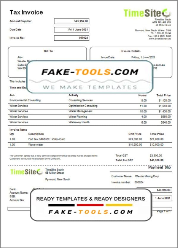 Australia TimeSite easy-to-use application invoice template in Word and PDF format, fully editable