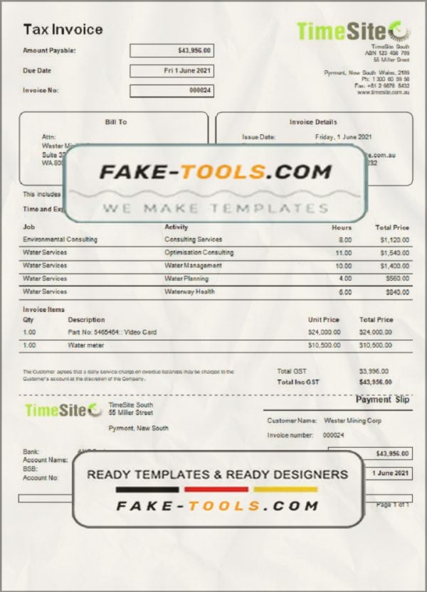 Australia TimeSite easy-to-use application invoice template in Word and PDF format, fully editable