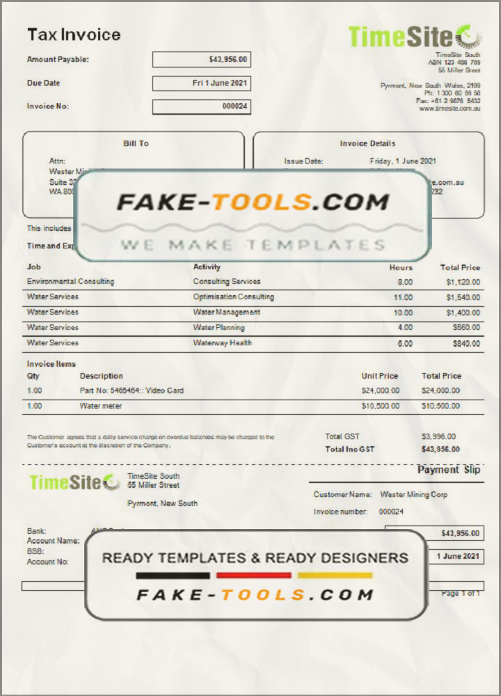Australia TimeSite easy-to-use application invoice template in Word and PDF format, fully editable scan effect