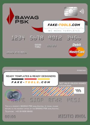 Austria BAWAG PSK bank mastercard debit card template in PSD format, fully editablc