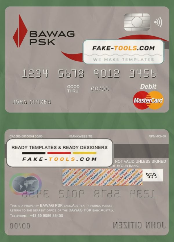 Austria BAWAG PSK bank mastercard debit card template in PSD format, fully editablc
