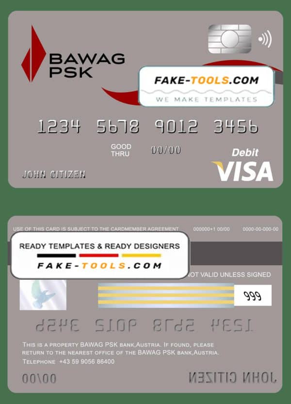 Austria BAWAG PSK bank visa card debit card template in PSD format, fully editable