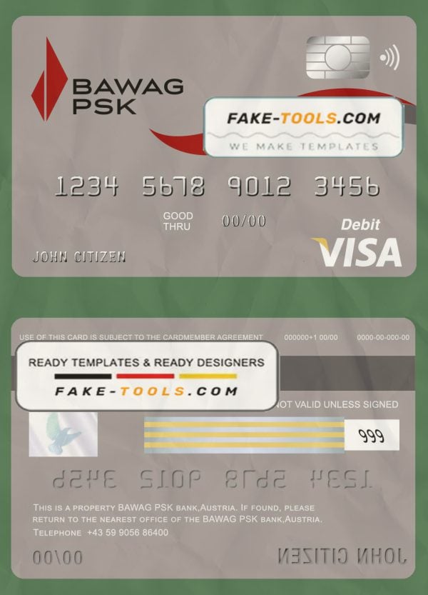 Austria BAWAG PSK bank visa card debit card template in PSD format, fully editable
