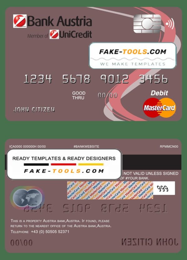 Austria Bank Austria mastercard debit card template in PSD format, fully editable