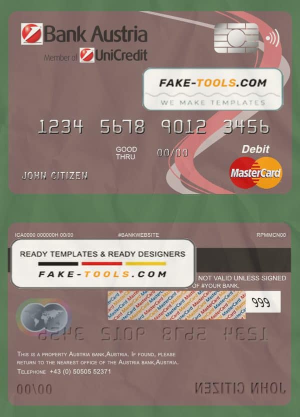 Austria Bank Austria mastercard debit card template in PSD format, fully editable