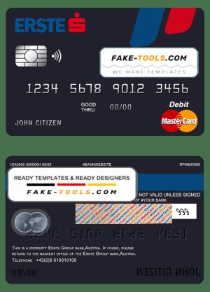 Austria Erste Group bank mastercard debit card template in PSD format, fully editable