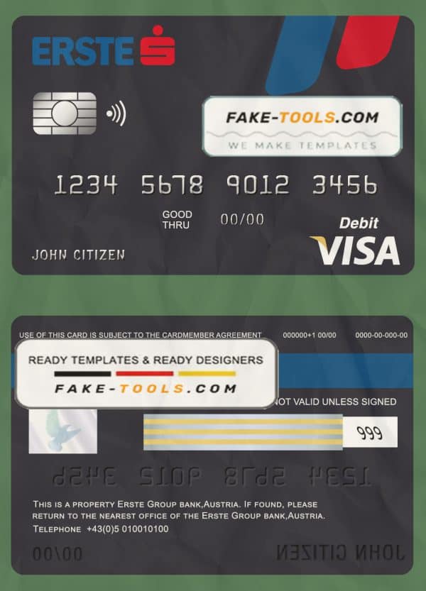 Austria Erste Group bank visa card debit card template in PSD format, fully editable