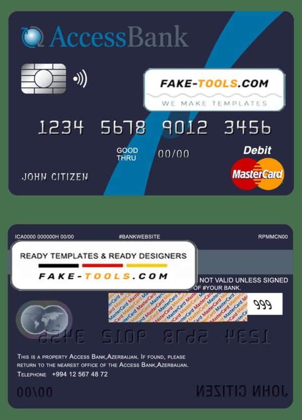 Azerbaijan Access Bank mastercard debit card template in PSD format, fully editable