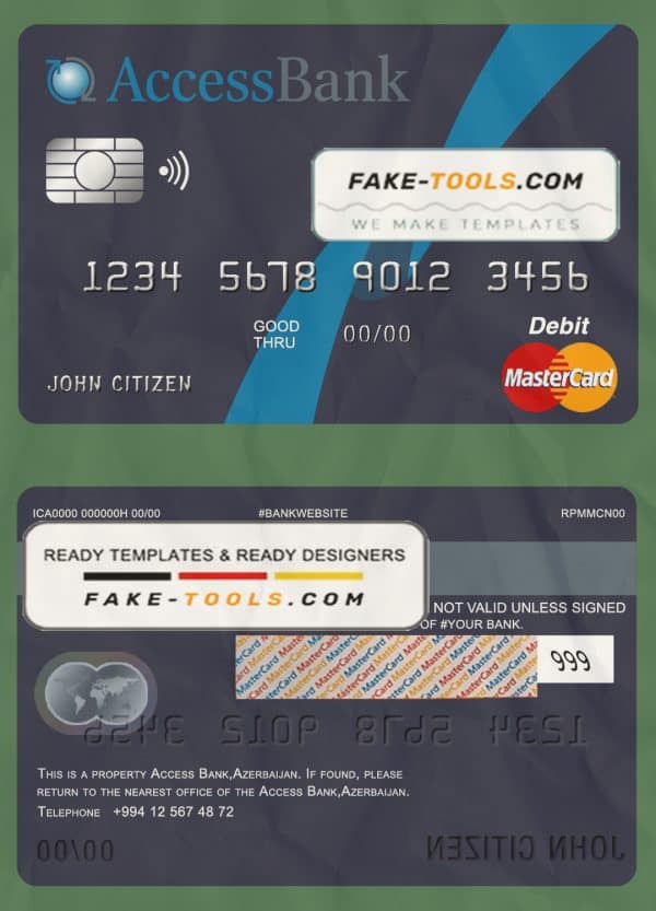 Azerbaijan Access Bank mastercard debit card template in PSD format, fully editable
