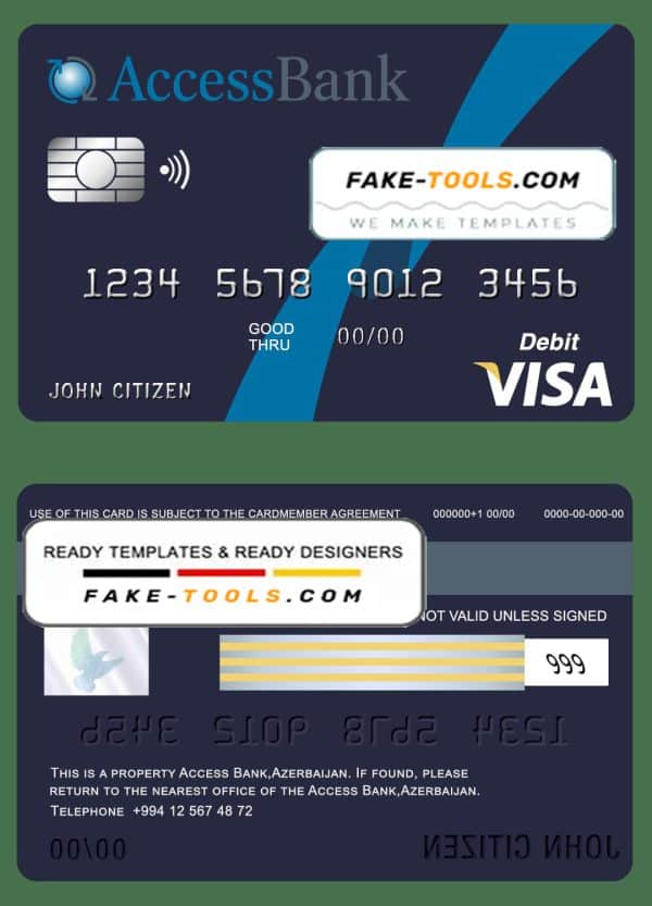 Azerbaijan Access Bank visa card debit card template in PSD format, fully editable