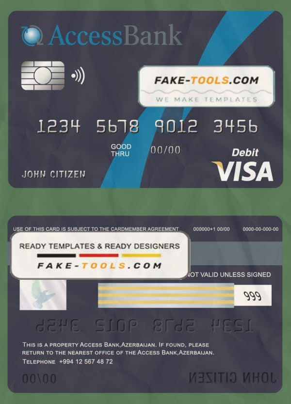 Azerbaijan Access Bank visa card debit card template in PSD format, fully editable