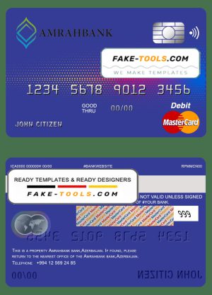 Azerbaijan Amrahbank bank mastercard debit card template in PSD format, fully editable