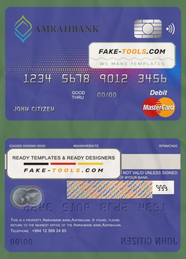 Azerbaijan Amrahbank bank mastercard debit card template in PSD format, fully editable