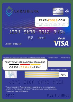 Azerbaijan Amrahbank bank visa card debit card template in PSD format, fully editable