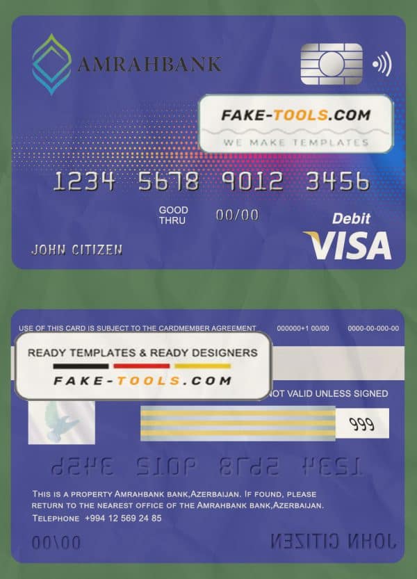 Azerbaijan Amrahbank bank visa card debit card template in PSD format, fully editable
