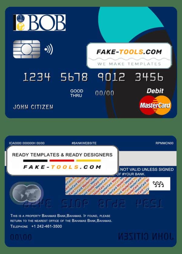 Bahamas Bank of the Bahamas bank mastercard debit card template in PSD format, fully editable