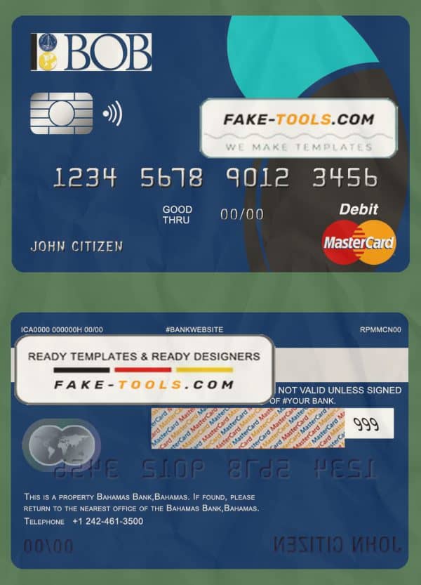 Bahamas Bank of the Bahamas bank mastercard debit card template in PSD format, fully editable
