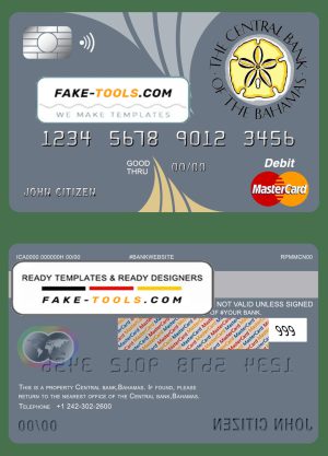 Bahamas The Central bank mastercard debit card template in PSD format, fully editable