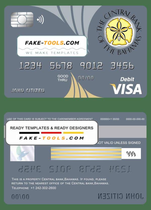 Bahamas The Central bank visa card debit card template in PSD format, fully editable