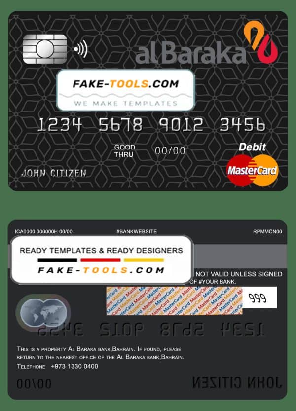 Bahrain Al Baraka bank mastercard debit card template in PSD format, fully editable