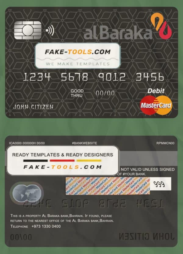 Bahrain Al Baraka bank mastercard debit card template in PSD format, fully editable