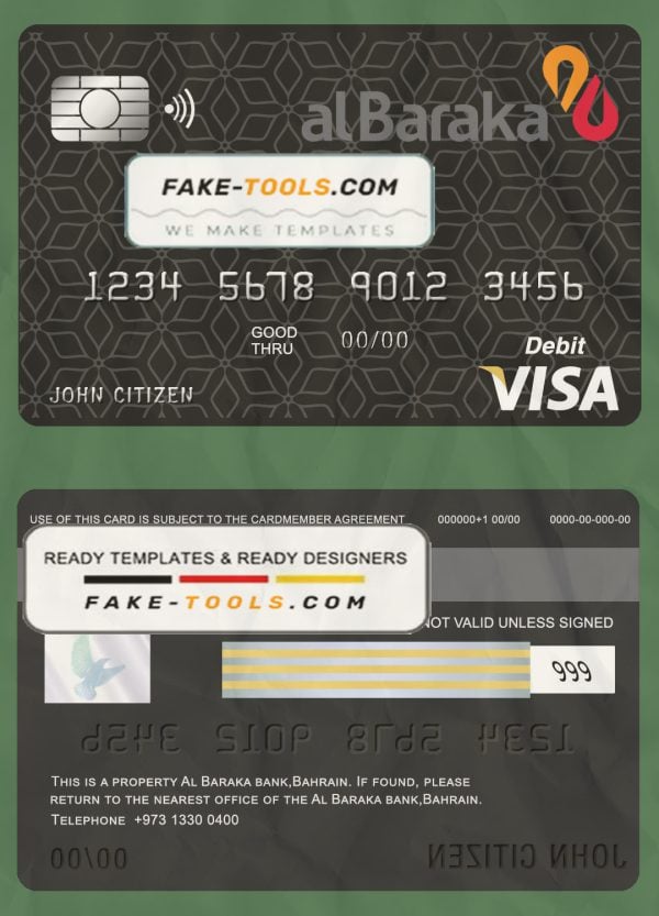 Bahrain Al Baraka bank visa card debit card template in PSD format, fully editable