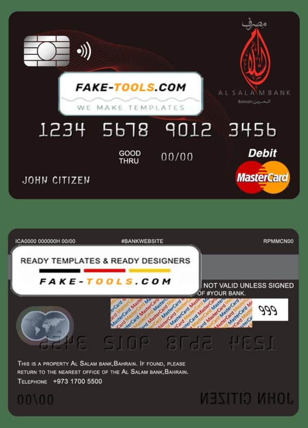 Bahrain Al Salam Bank mastercard debit card template in PSD format, fully editable