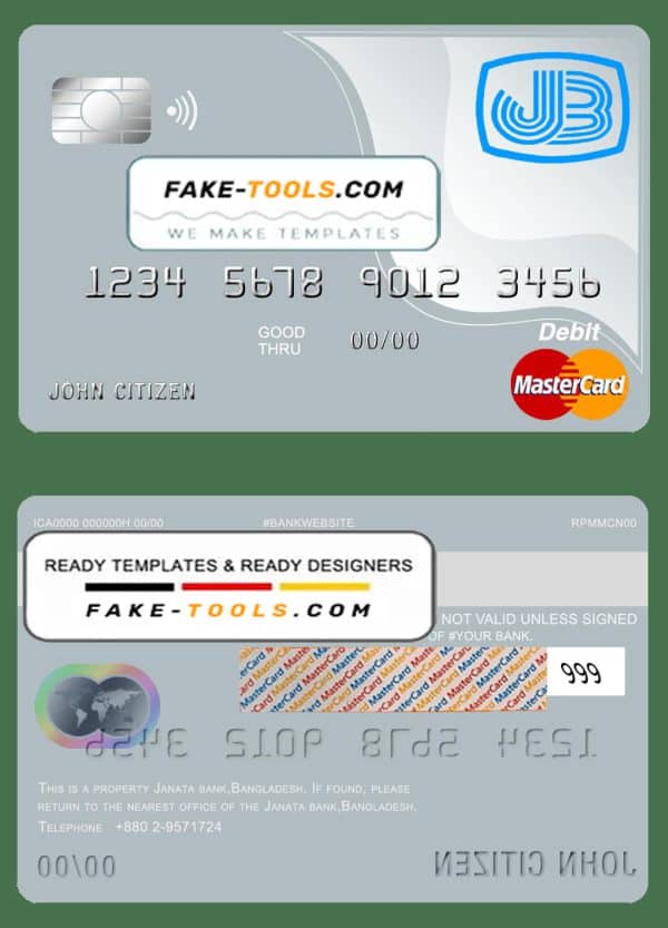 Bangladesh Janata bank mastercard debit card template in PSD format, fully editable