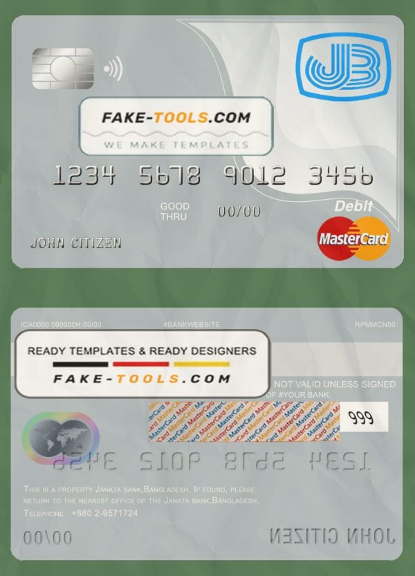 Bangladesh Janata bank mastercard debit card template in PSD format, fully editable