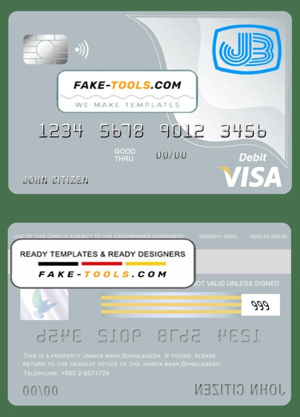 Bangladesh Janata bank visa card debit card template in PSD format, fully editable