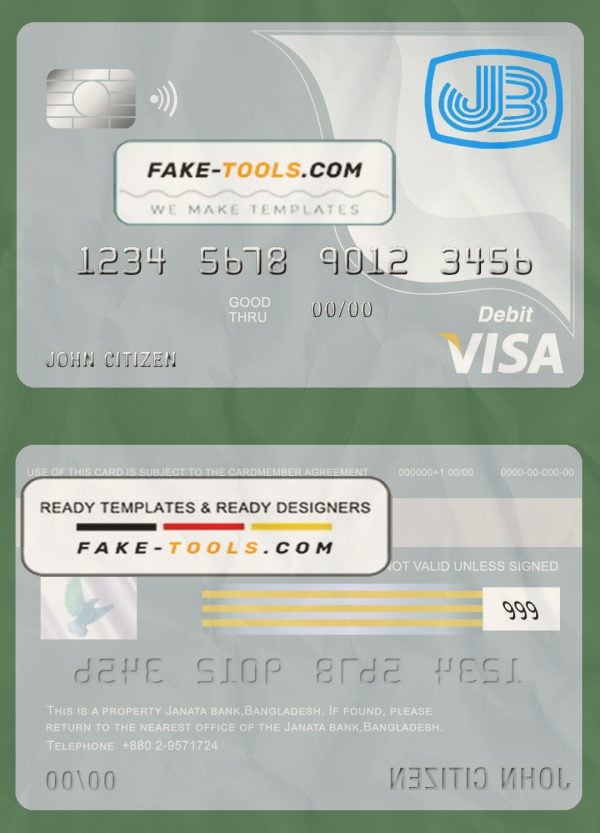 Bangladesh Janata bank visa card debit card template in PSD format, fully editable