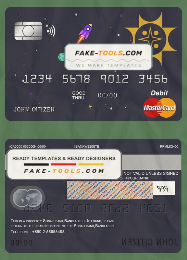 Bangladesh Sonali Bank mastercard debit card template in PSD format, fully editable