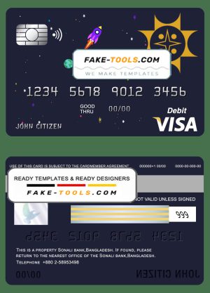 Bangladesh Sonali Bank visa card debit card template in PSD format, fully editable