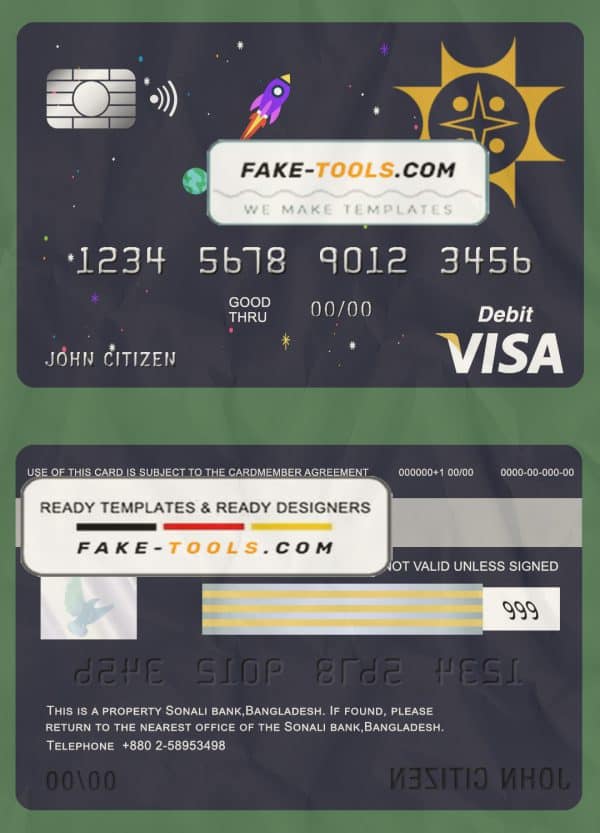 Bangladesh Sonali Bank visa card debit card template in PSD format, fully editable