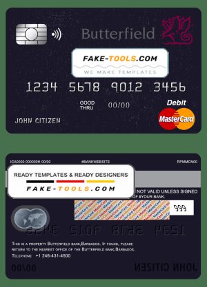 Barbados Butterfield bank mastercard debit card template in PSD format, fully editable