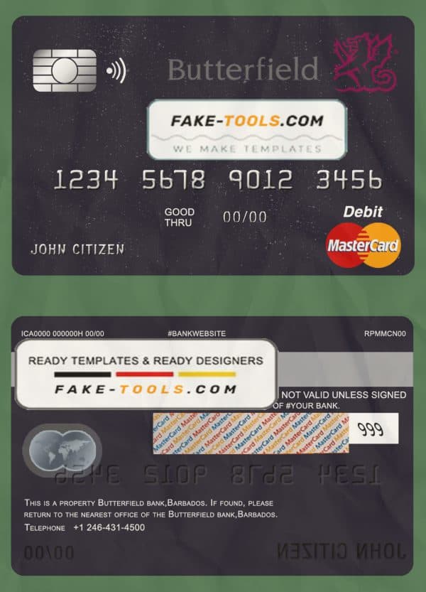 Barbados Butterfield bank mastercard debit card template in PSD format, fully editable