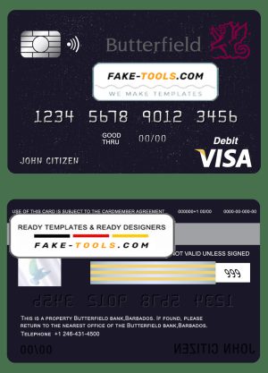 Barbados Butterfield bank visa card debit card template in PSD format, fully editable