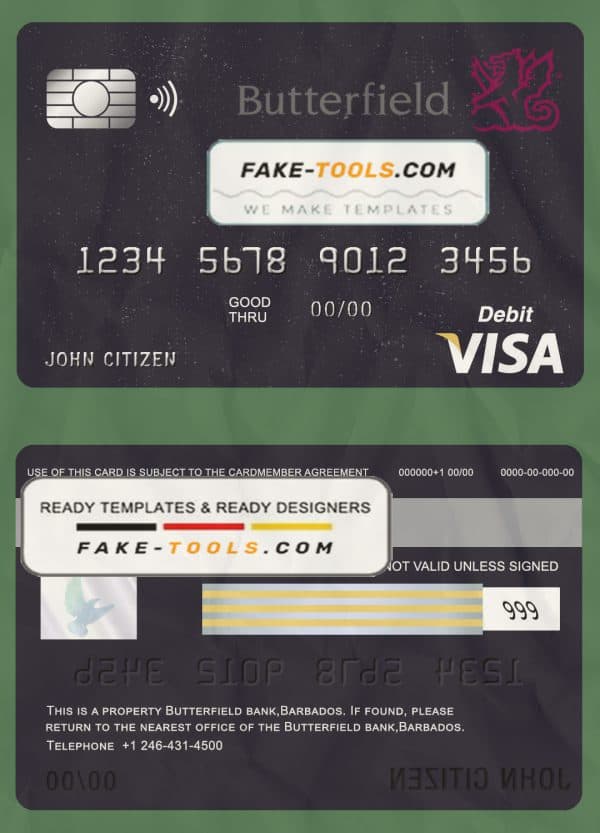 Barbados Butterfield bank visa card debit card template in PSD format, fully editable