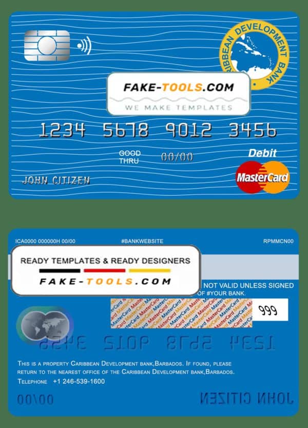 Barbados Caribbean Development Bank mastercard debit card template in PSD format, fully editable