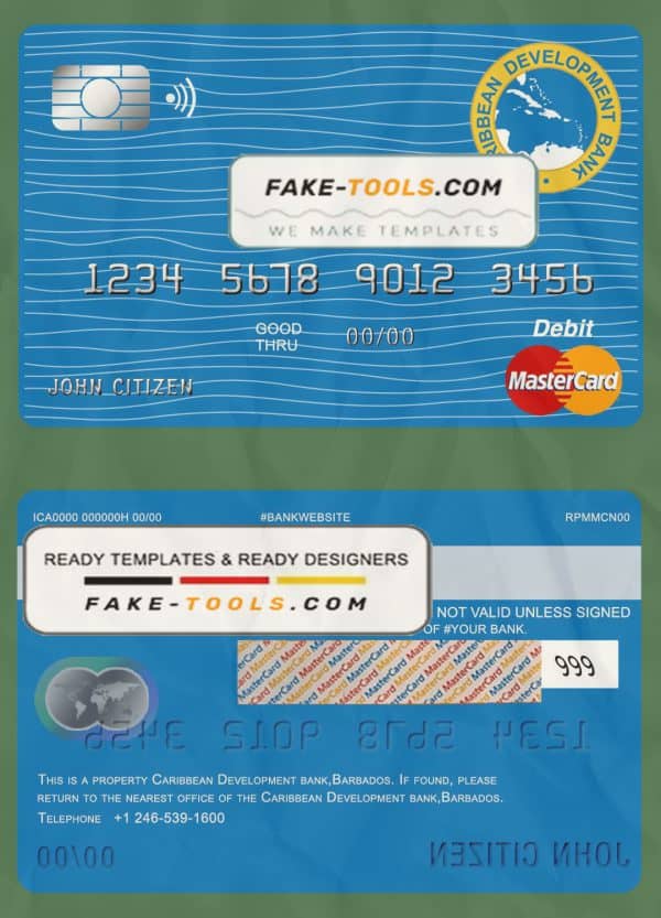 Barbados Caribbean Development Bank mastercard debit card template in PSD format, fully editable