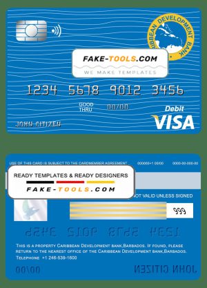 Barbados Caribbean Development Bank visa card debit card template in PSD format, fully editable
