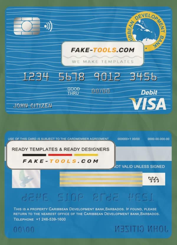 Barbados Caribbean Development Bank visa card debit card template in PSD format, fully editable