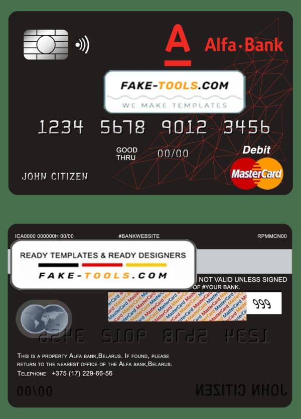 Belarus Alfa bank mastercard debit card template in PSD format, fully editable