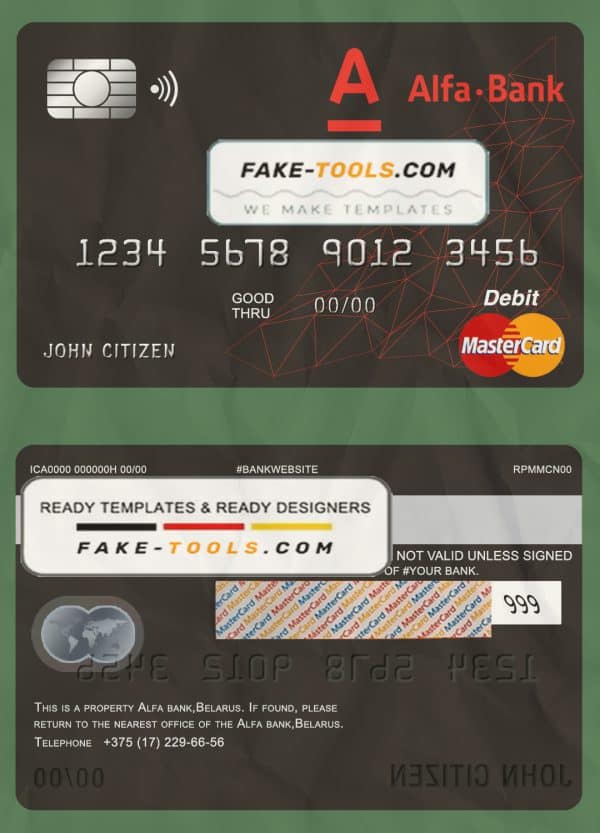 Belarus Alfa bank visa card debit card template in PSD format, fully editable