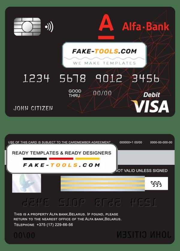 Belarus Alfa bank visa card debit card template in PSD format, fully editable