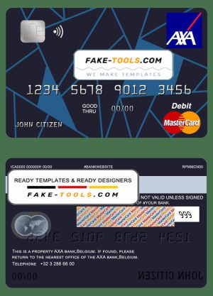 Belgium AXA bank mastercard debit card template in PSD format, fully editable
