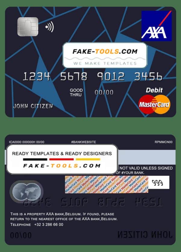 Belgium AXA bank mastercard debit card template in PSD format, fully editable