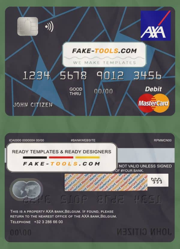 Belgium AXA bank mastercard debit card template in PSD format, fully editable
