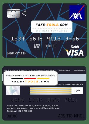 Belgium AXA bank visa card debit card template in PSD format, fully editable