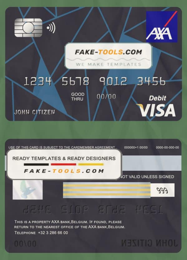Belgium AXA bank visa card debit card template in PSD format, fully editable